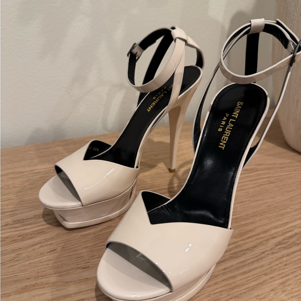 Saint Laurent Cream Patent Leather Platform Heels with Ankle Strap